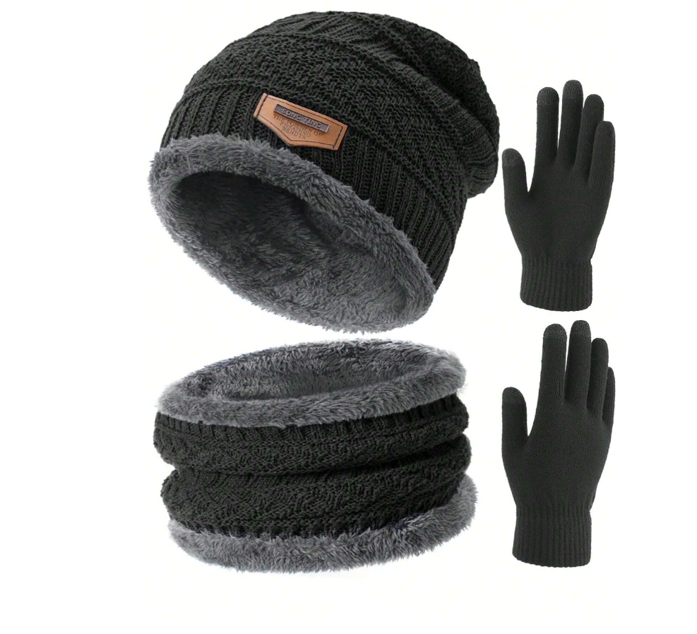 Knit Beanie Hat Neck Warmer Scarf And Touch Screen Gloves Set Fleece