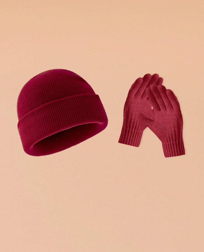 Plain Knit Beanie Hat & Gloves Set