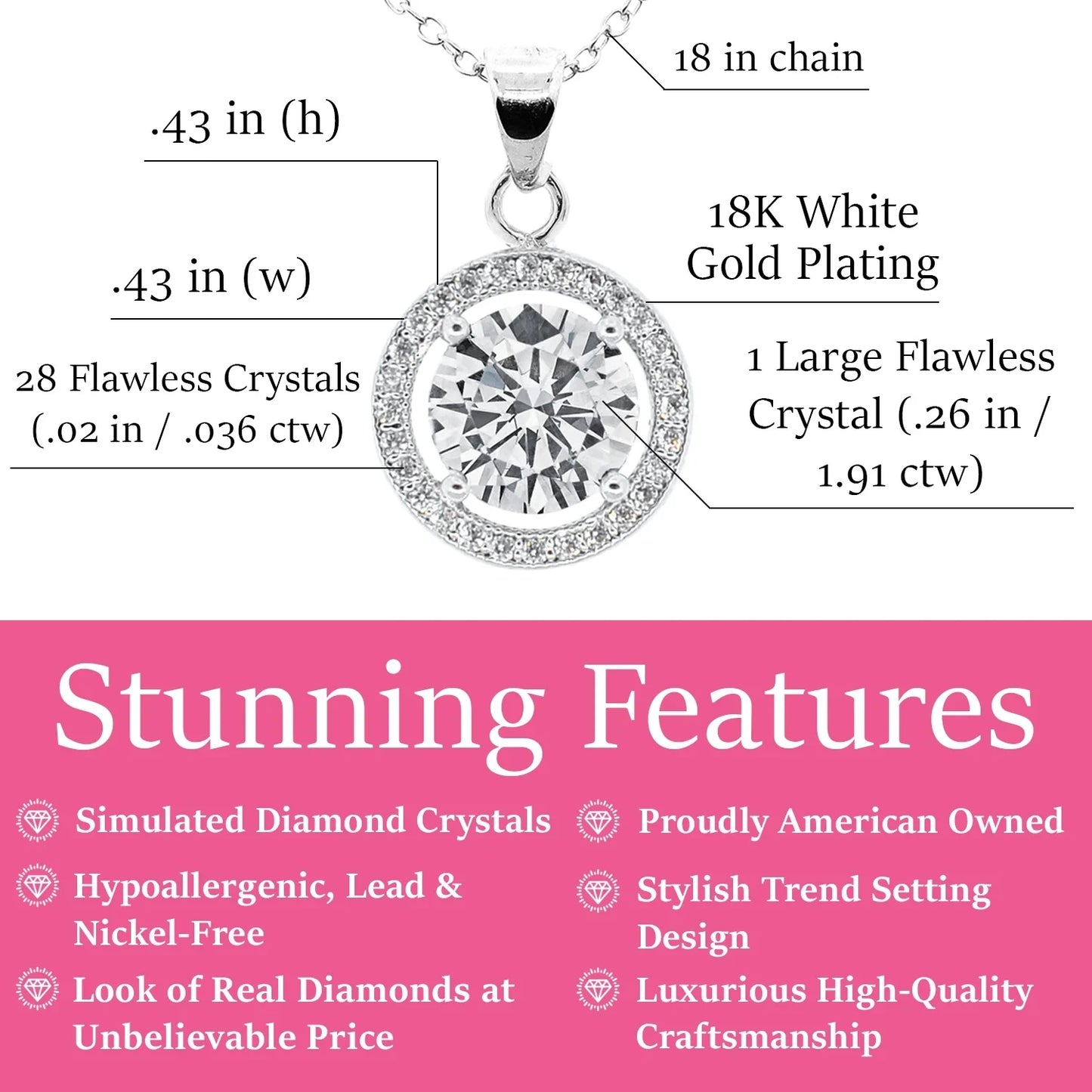 18k White Gold Plated Silver Halo Necklace with Crystal for Women, Gift for Her