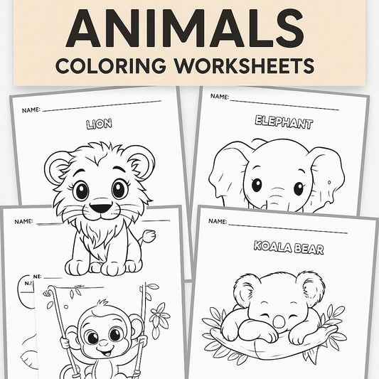 Animals Coloring Pages Activity Worksheet | Black and White | Illustrative Style