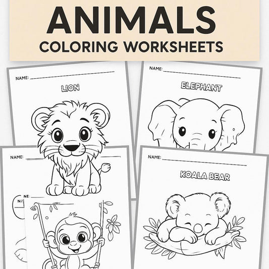 Animals Coloring Pages Activity Worksheet | Black and White | Illustrative Style